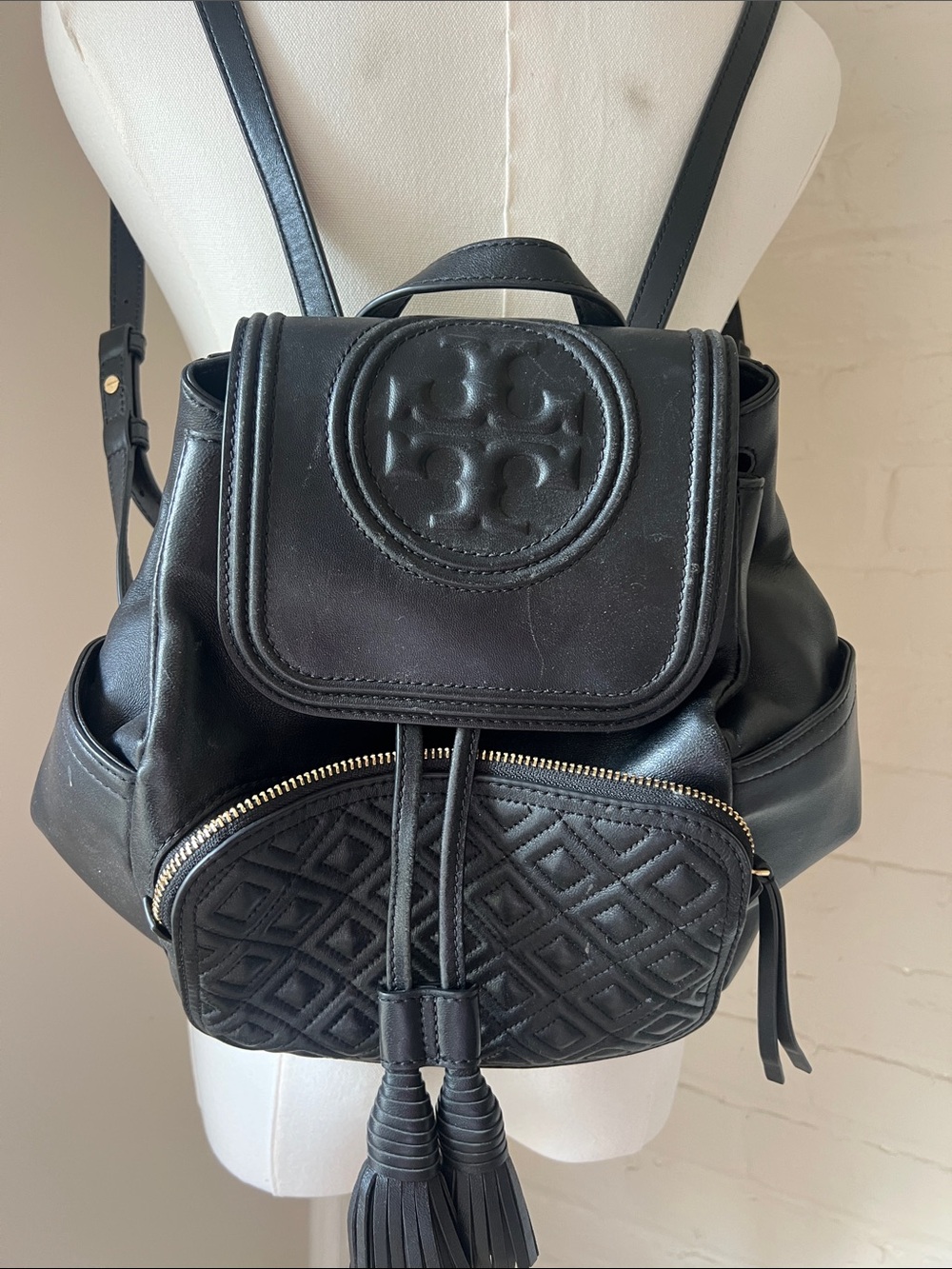 Tory Burch Black Quilted Leather Drawstring Backpack with Tassels